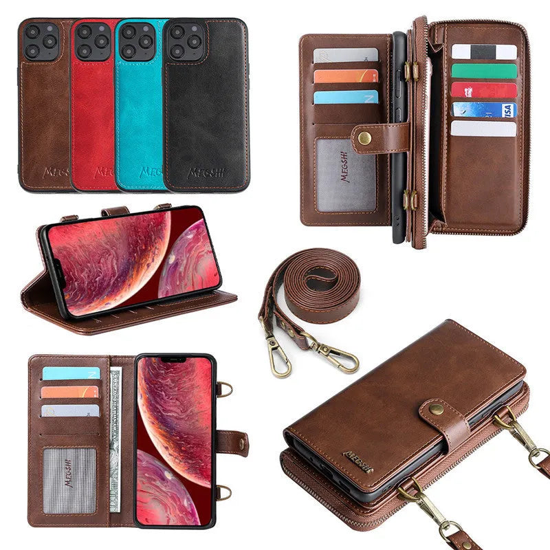 Detachable magnetic wallet phone case in black showing separated protective case and leather cover