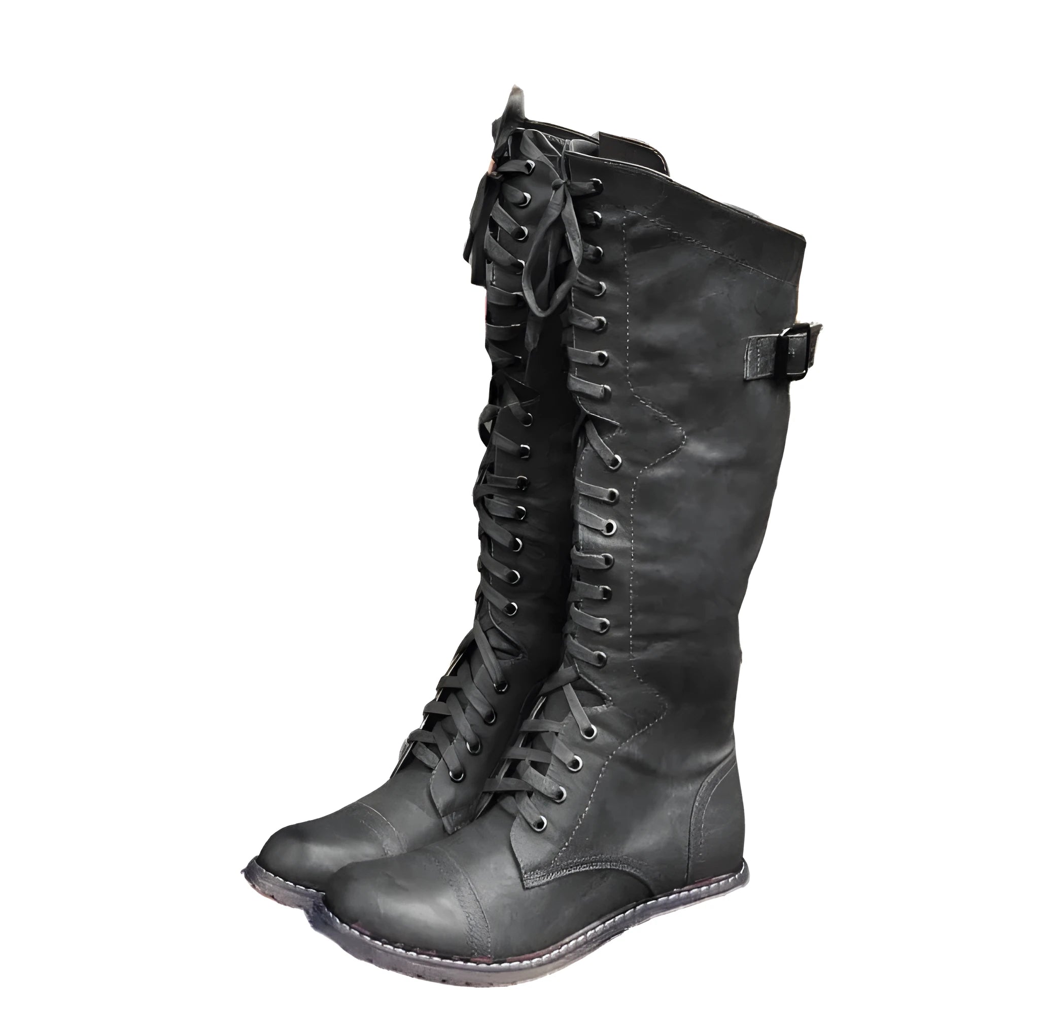 Women's black cross strap knight boots made from artificial PU, showing front strap detail.