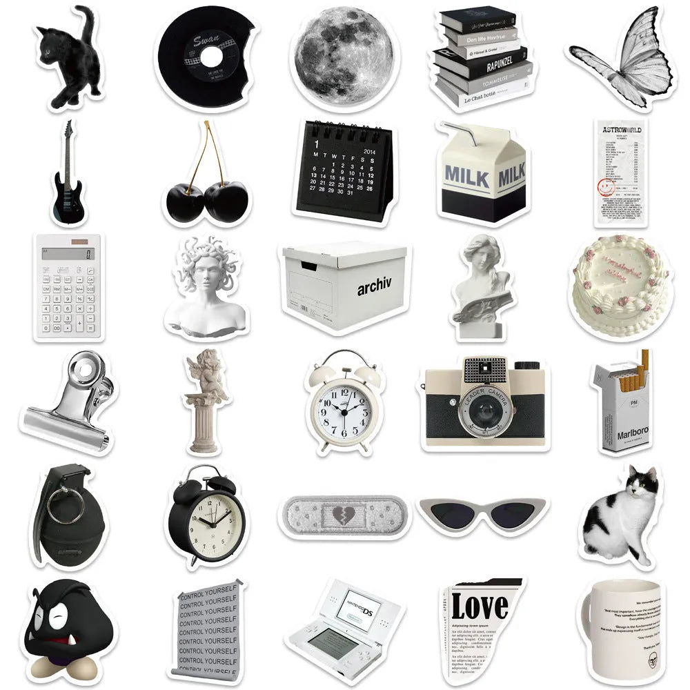 61 piece black and white waterproof PVC sticker set for multiple surfaces