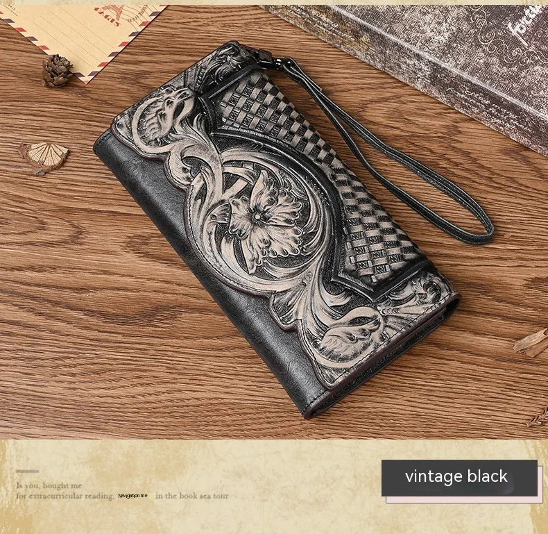 Retro brown women's tri-fold wallet with an embossed Chinese floral pattern, showing card slots and a coin compartment.