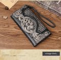 Retro brown women's tri-fold wallet with an embossed Chinese floral pattern, showing card slots and a coin compartment.