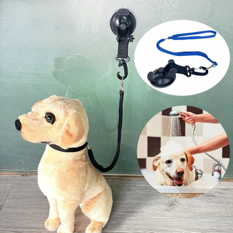 Black and blue pet bathing restraint with suction cup, rope, and anti-grab handcuffs shown in small and large sizes.