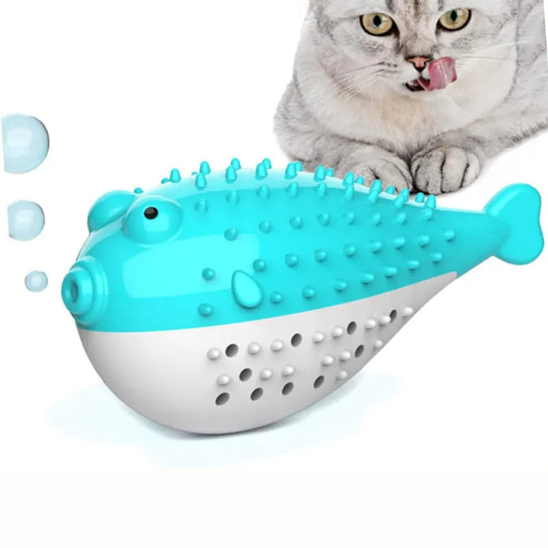 Blue silicone fish-shaped cat chew toy for pet chewing and playing activities