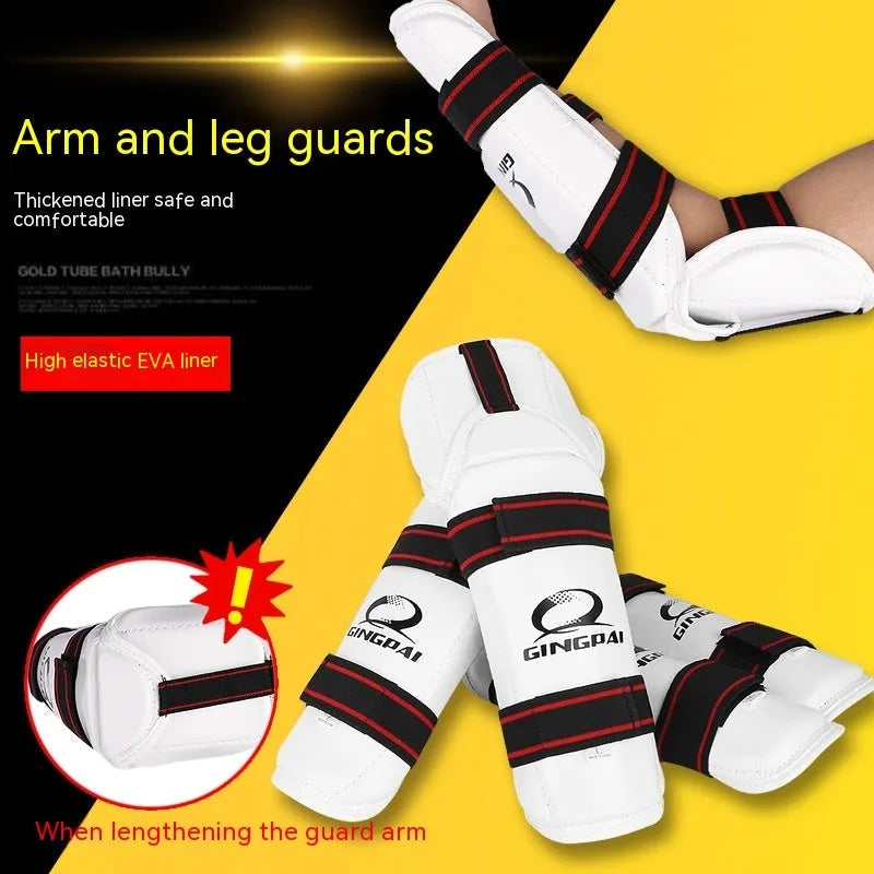 Taekwondo protective gear set showing leggings, arm guard and leg protector in PU EVA material