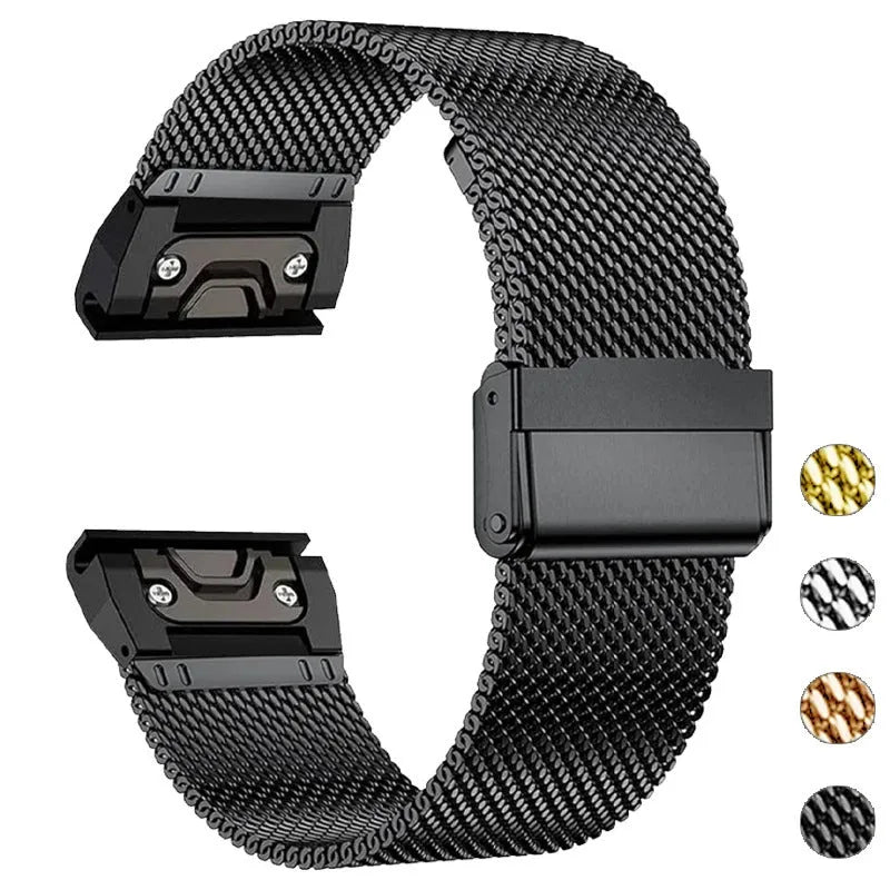 Stainless steel Garmin Fenix watch strap in silver, shown next to black, gold, and rose gold colour options.
