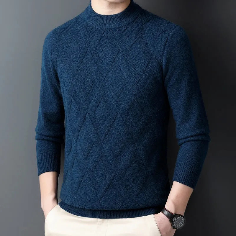 Men's thick grey diamond jacquard wool blend thermal pullover sweater on a hanger.