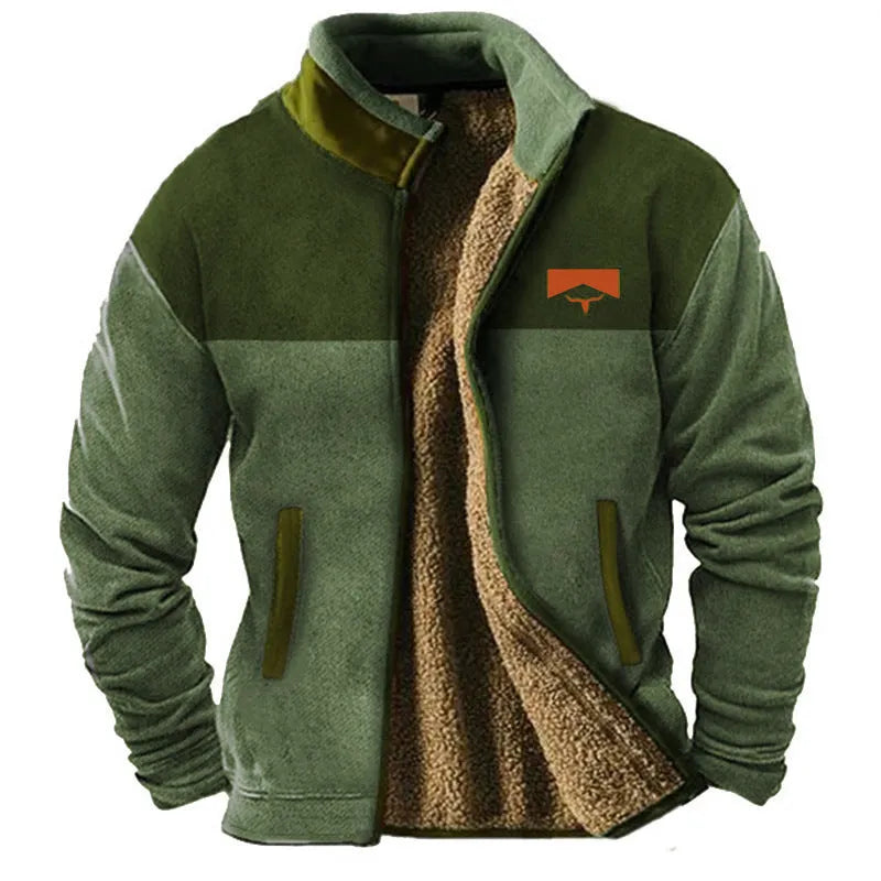 Men's green polyester padded coat on a hanger, regular length