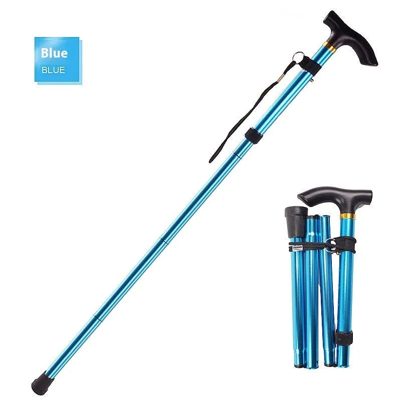 Aluminium folding walking stick adjusted to mid-length, showing non-slip rubber tip.