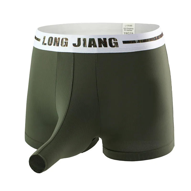 Men's ice silk boxer shorts in multiple colours on a mid waist, showing trunk style design.