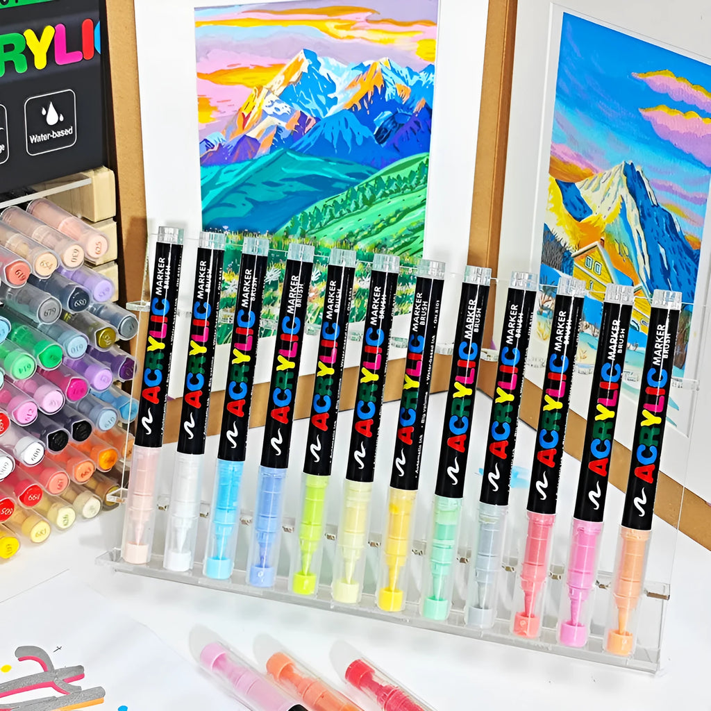 Straight liquid acrylic marker pens with soft head tips in multiple colour set configurations for painting