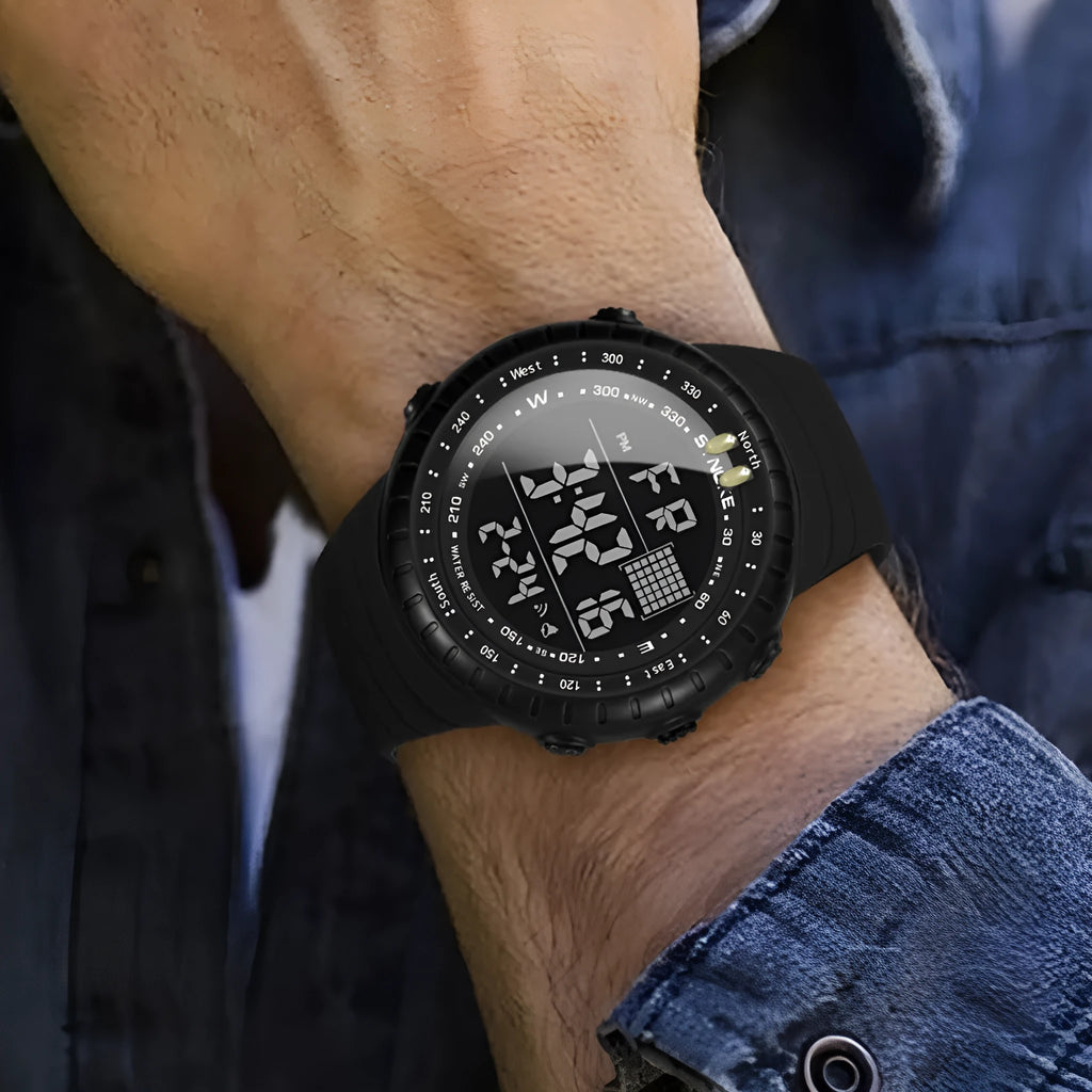 Black digital sports watch with 50 metre waterproof rating and 54.74 mm display