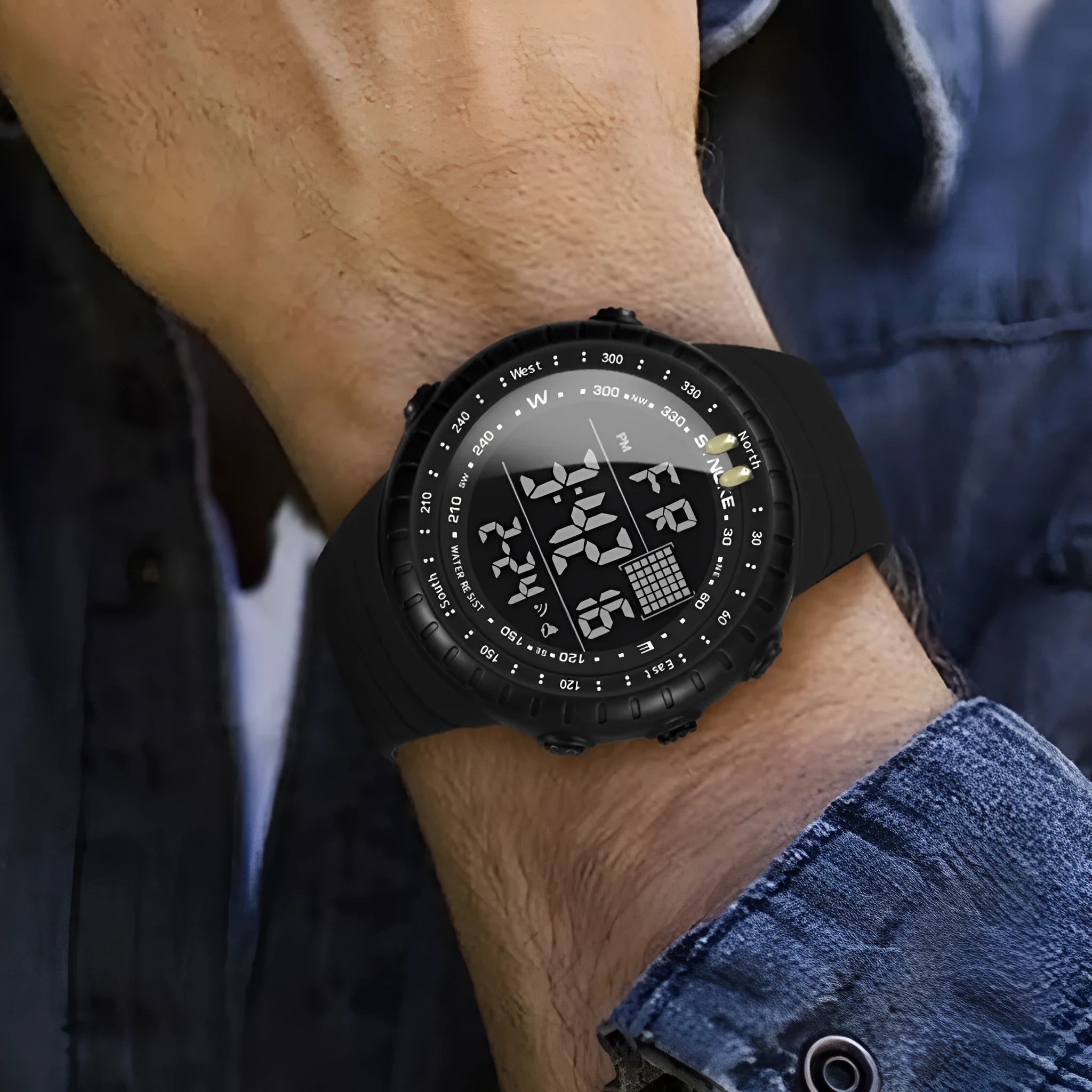 Black digital sports watch with 50 metre waterproof rating and 54.74 mm display