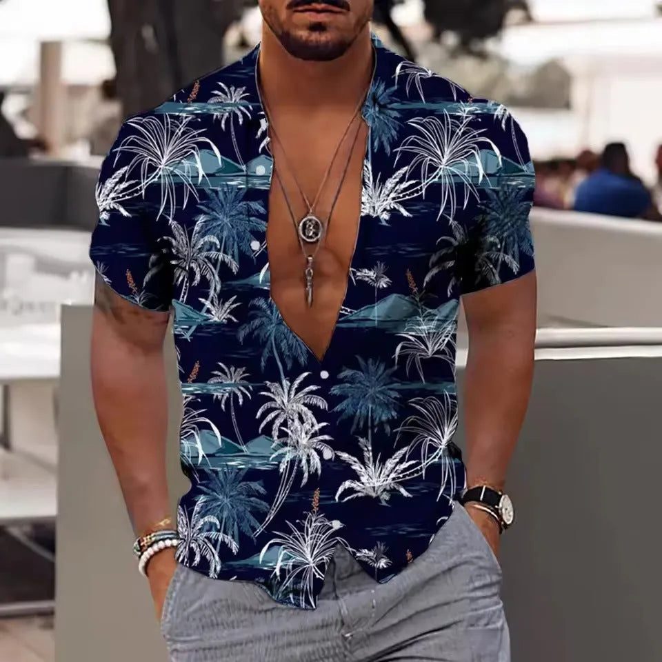 Men's loose fit floral printed short sleeve shirt in polyester fabric for summer casual wear