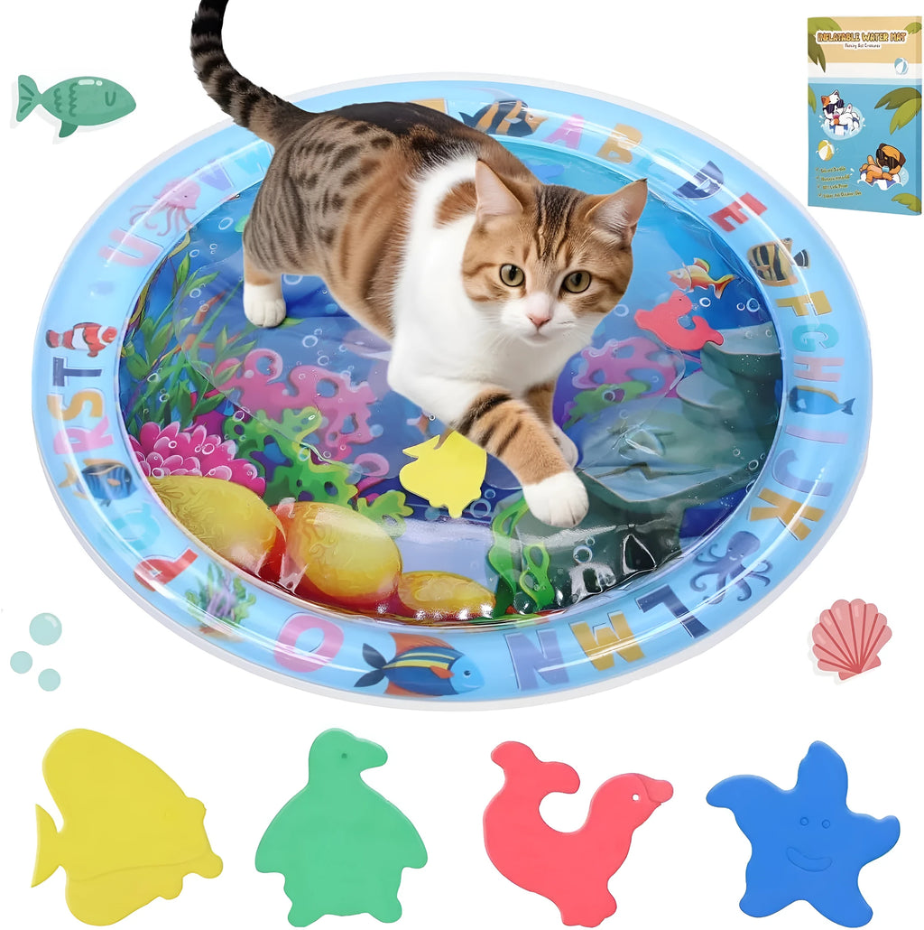 Thickened PVC water sensory playmat for cats with ocean fish design and floating toys