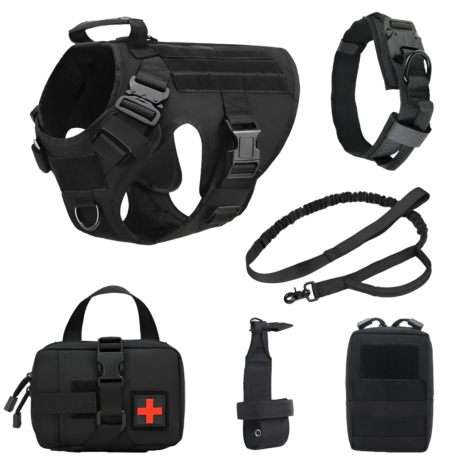 Dog wearing tactical combat vest set with harness attachment points in army green colour