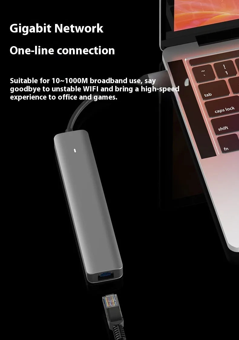 Silver USB C 7-in-1 hub dongle with SD card slot, micro SD slot, and USB C PD charging port.