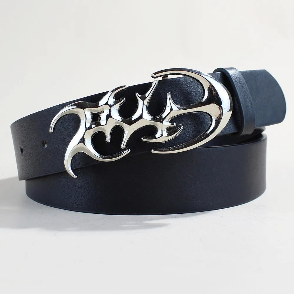 Silver buckle on a casual PU leather belt with snap button closure.