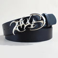 Silver buckle on a casual PU leather belt with snap button closure.