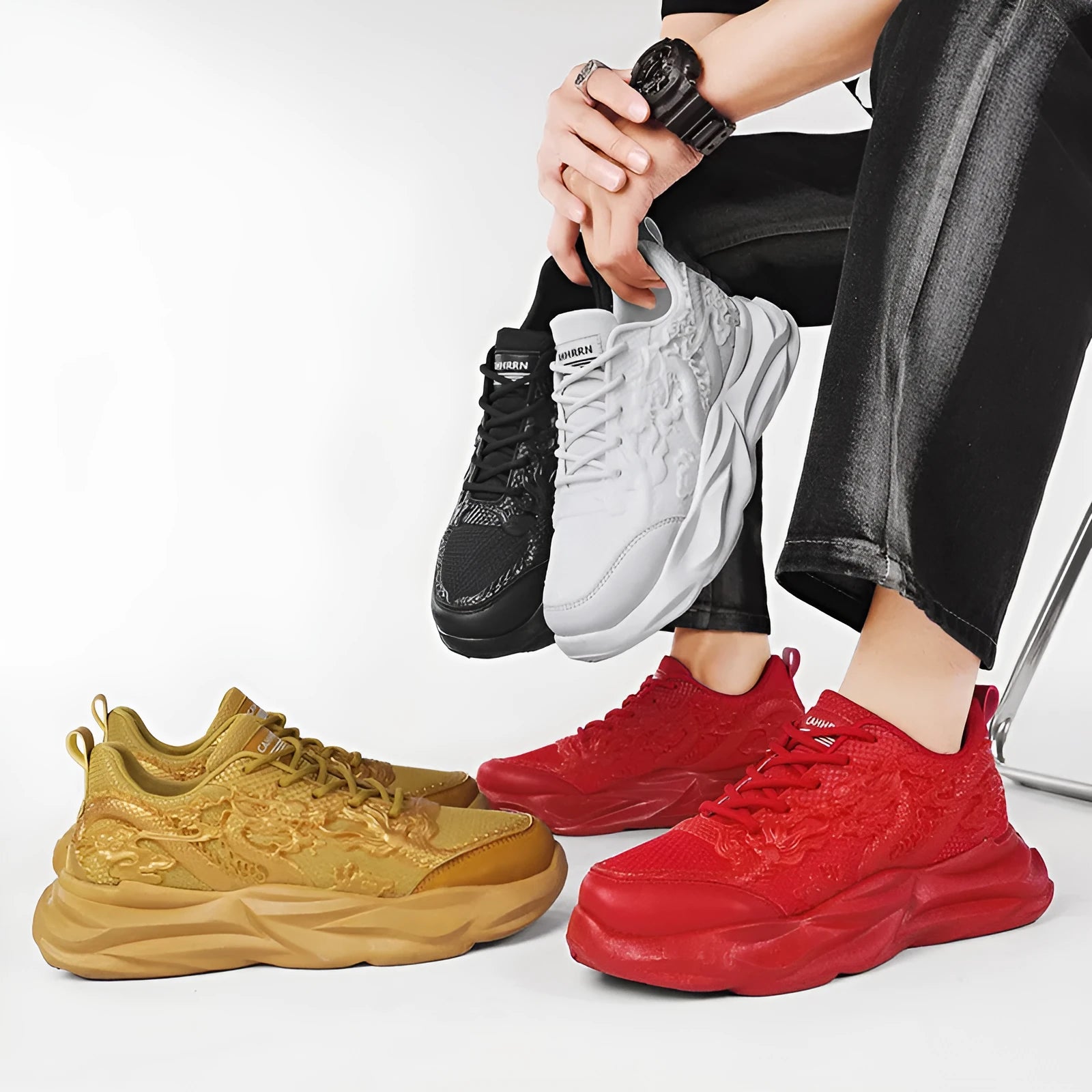 Chinese Loong pattern casual sneakers with fly knit upper and rubber sole