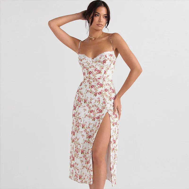 Blue lace flower print long dress with thin suspender straps and a front slit.