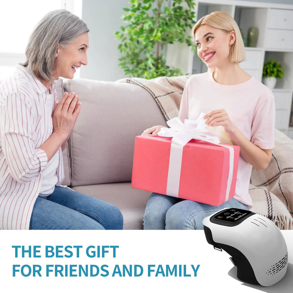 Rechargeable electric knee massager with infrared laser and vibration therapy in white and wood colour options