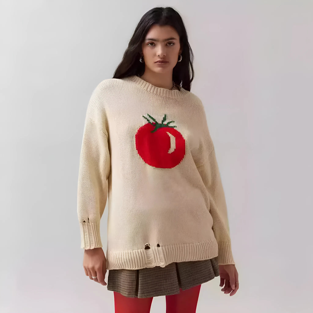 Women's milky white acrylic Jacquard pullover sweater with round neck and long sleeves on a hanger.
