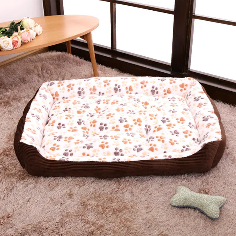 Plush pet bed mat for small dogs and cats showing size options and colour variations