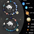 Two natural stone beaded bracelets with zodiac sign designs on a wrist.