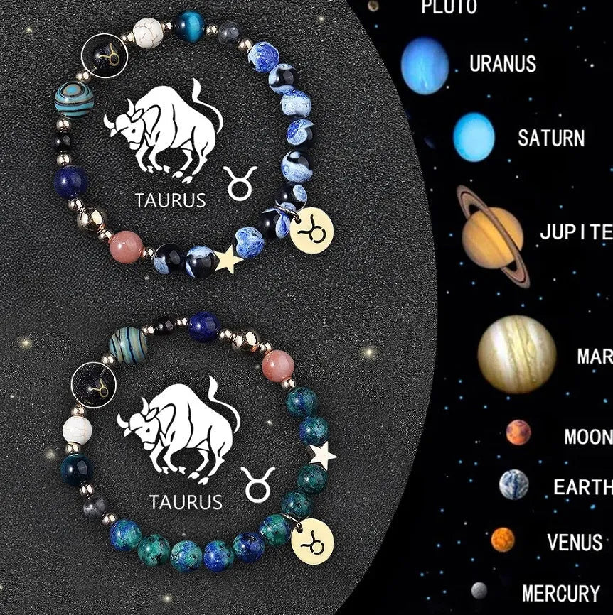 Two natural stone beaded bracelets with zodiac sign designs on a wrist.