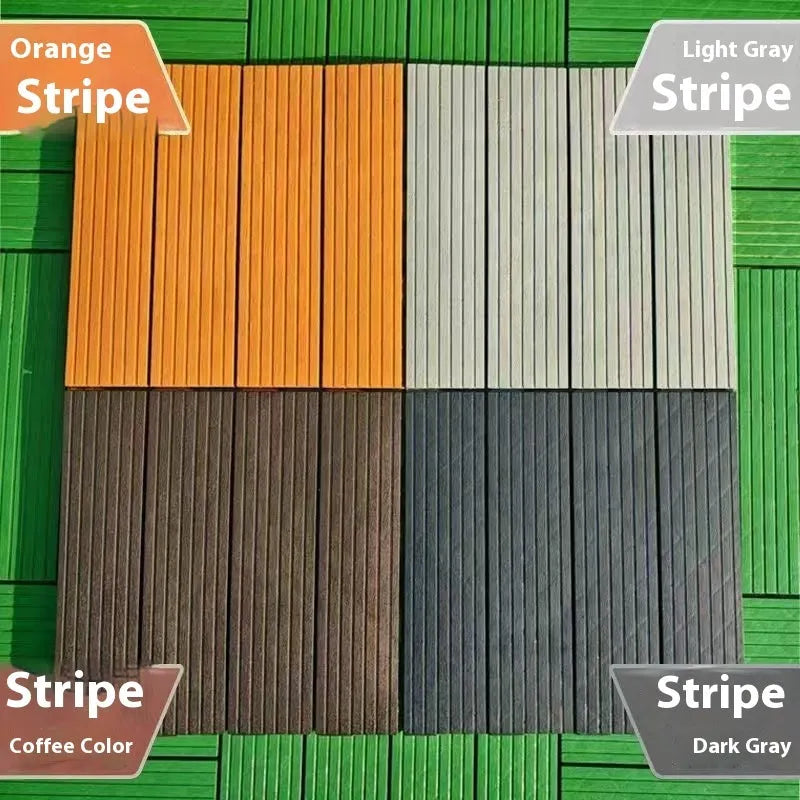Set of ten wood grain style plastic floor tiles showing non-slip surface, dimensions 300x300 mm.