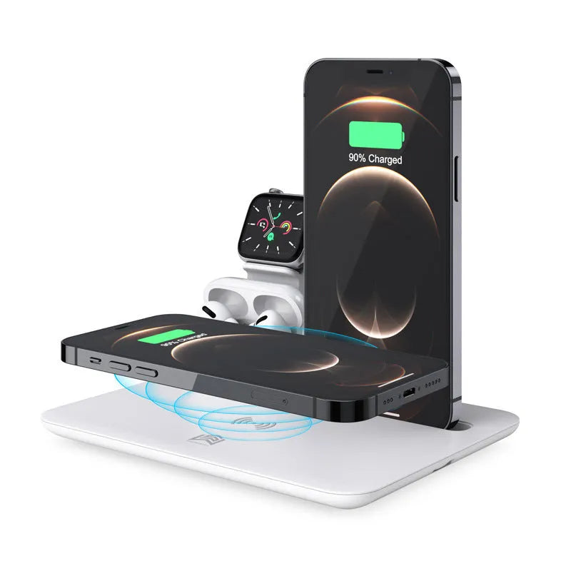 Desktop wireless phone charger with watch and headphone charging outputs in black or white