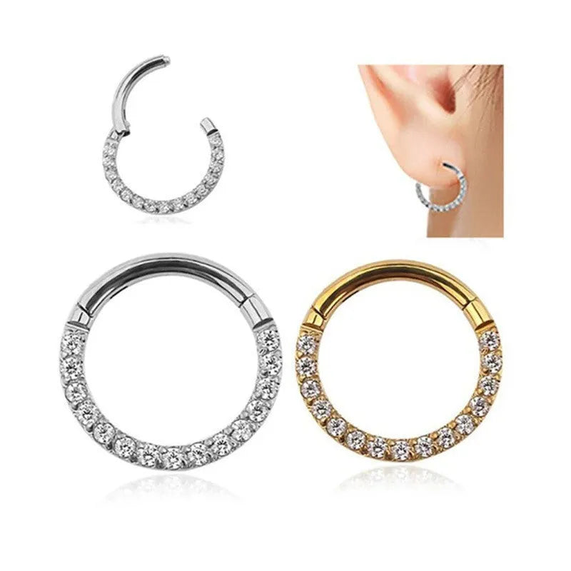Stainless steel seamless nose ring with diamond detail showing round shape and colour finish options