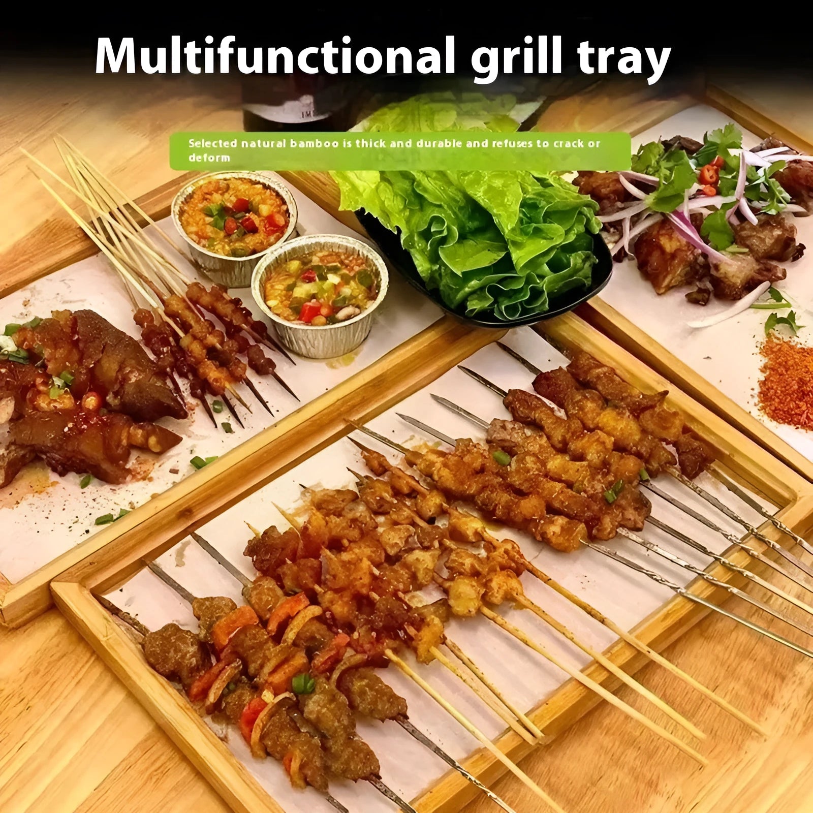 Brown handle bamboo serving tray with square shape and solid colour design