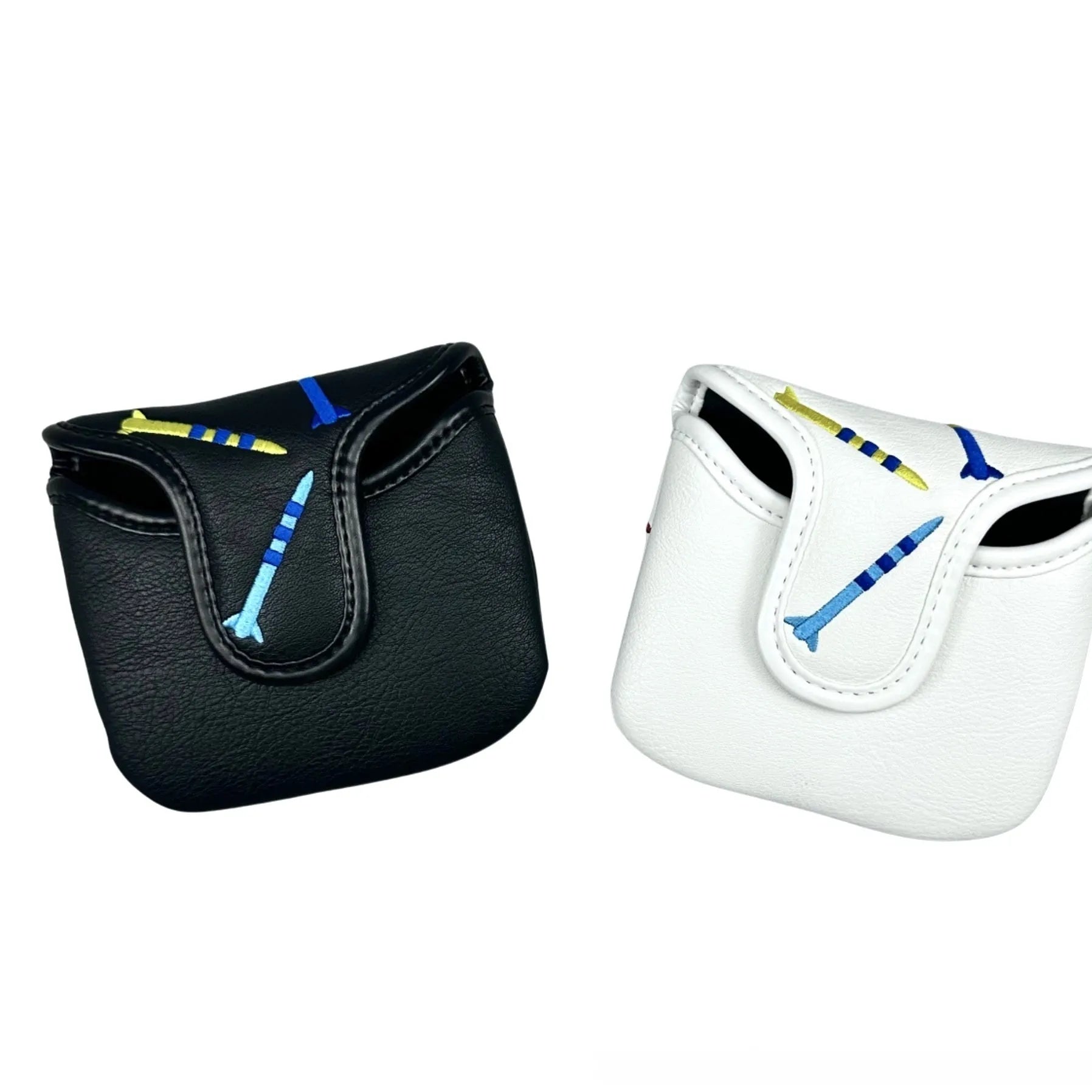 Black golf putter protective sleeve with rocket pattern design for square club heads