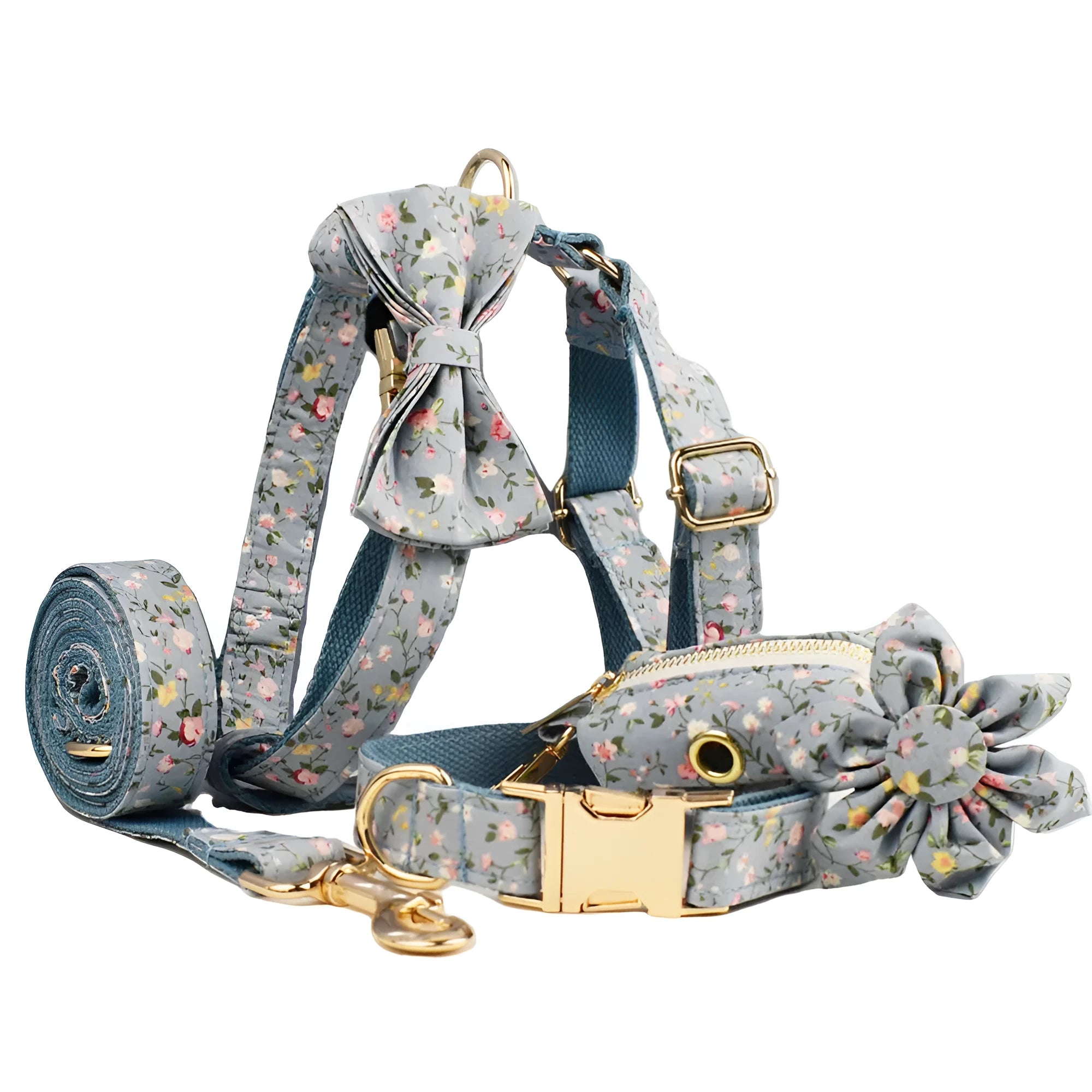 Blue floral patterned cloth dog collar set with matching leash, bow, and vest for small to extra-large dogs.