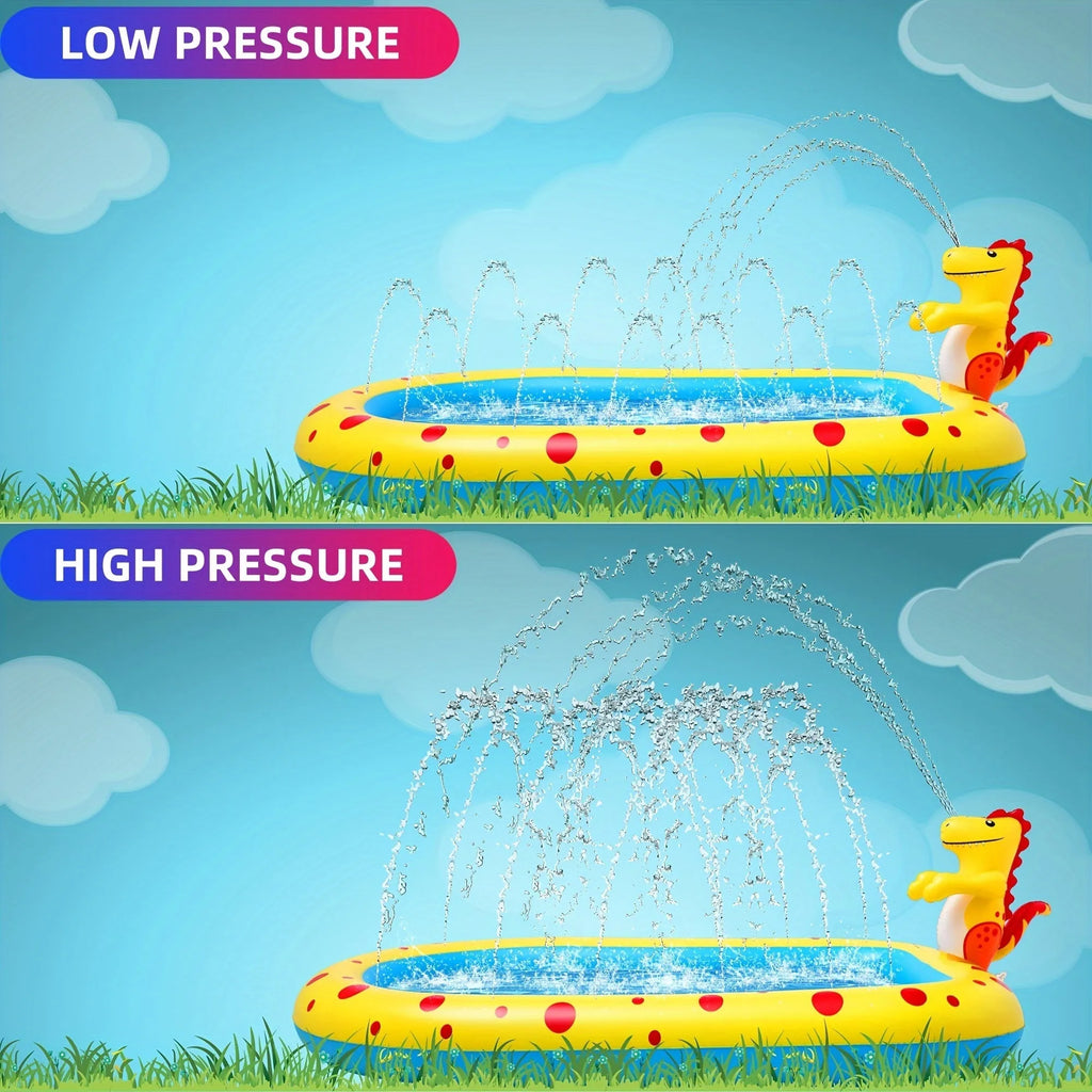 Blue dinosaur water spray pool with built-in splash nozzles for kids' outdoor play