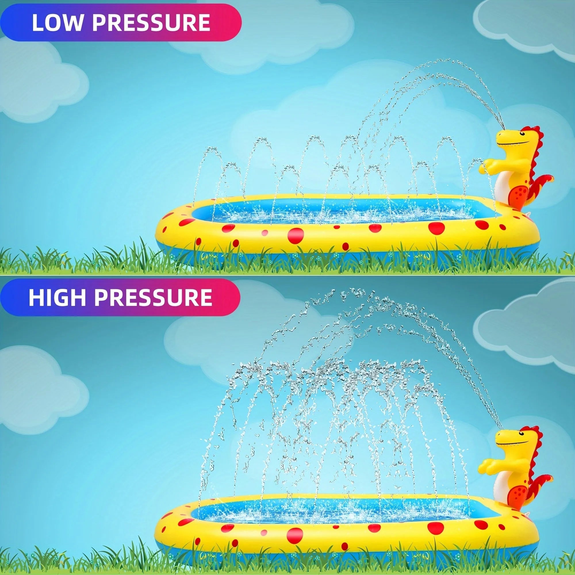 Blue dinosaur water spray pool with built-in splash nozzles for kids' outdoor play