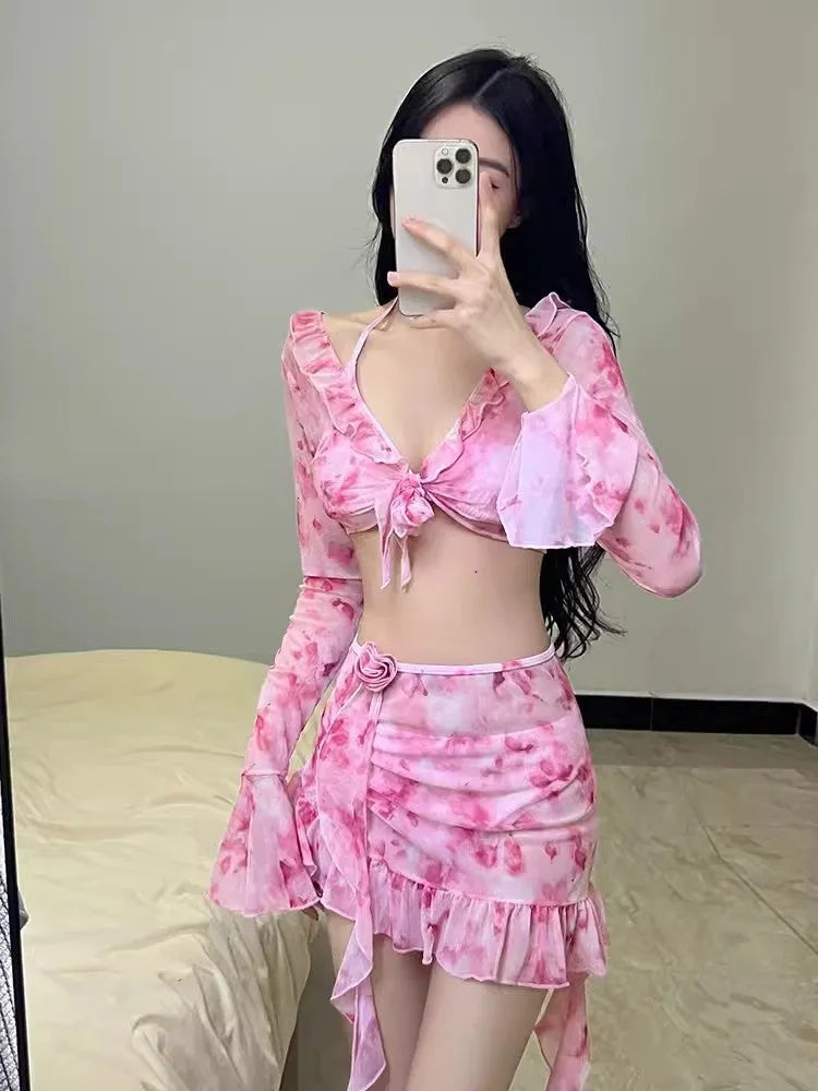 Women's floral print swimsuit bikini set cherry blossom powder colour