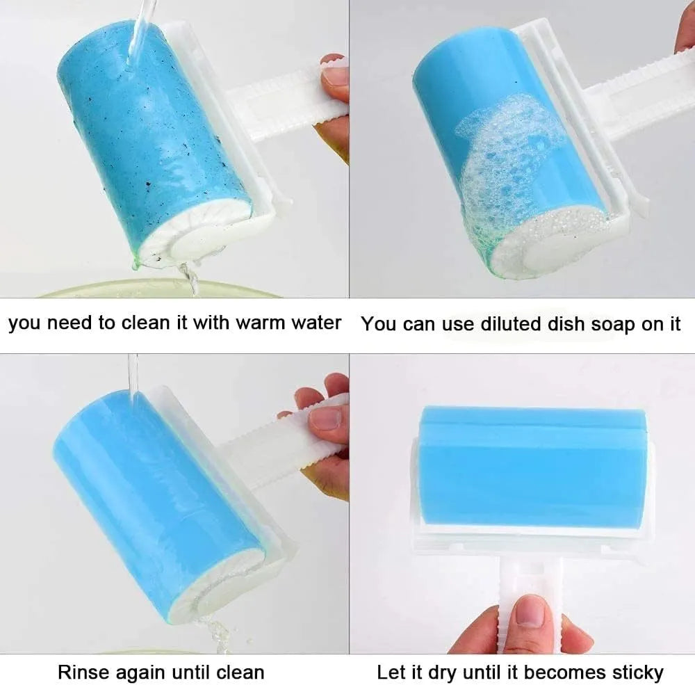 Washable reusable lint roller with protective cover in blue, green, pink, or yellow colours