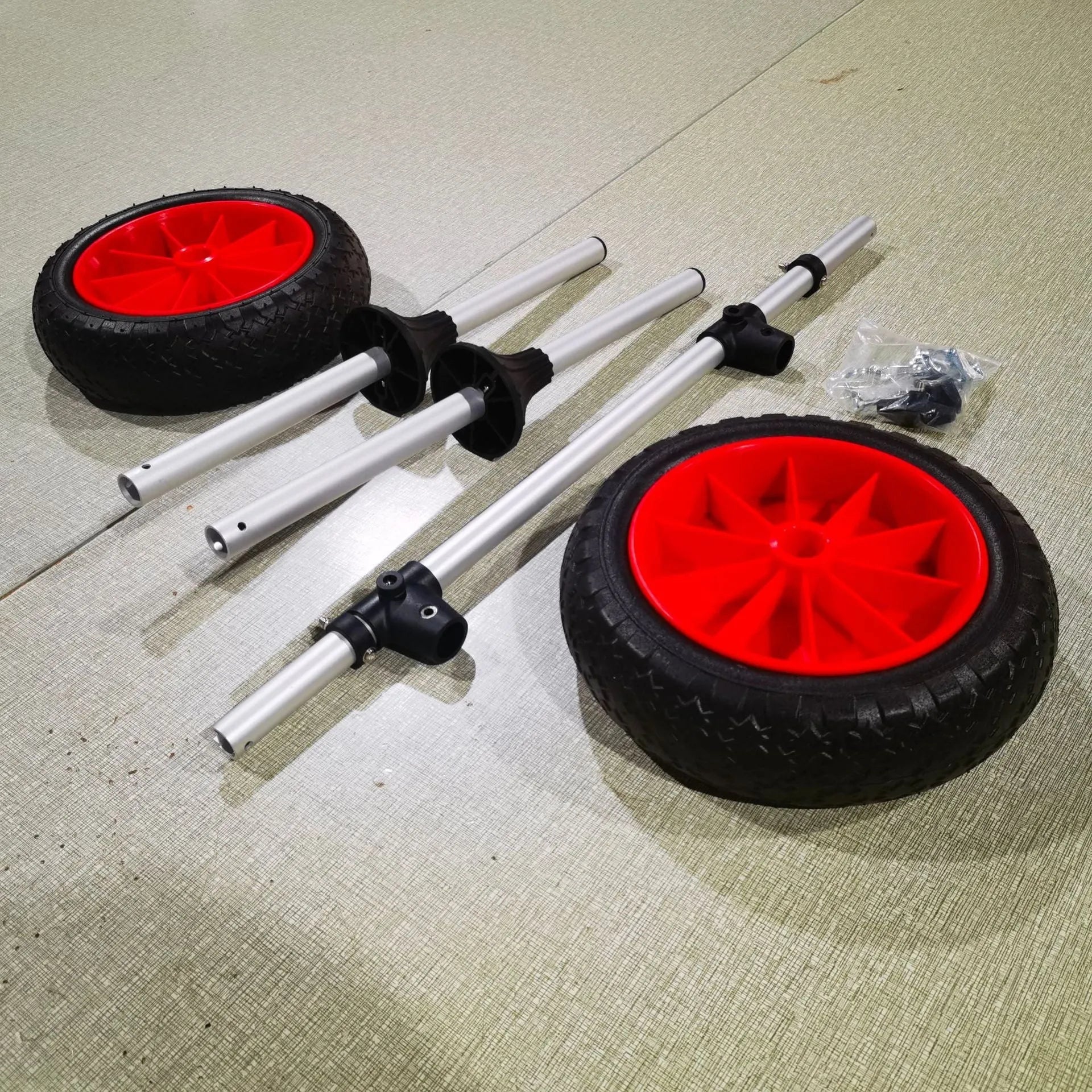 Foldable aluminium kayak cart with upright pole platform and wheels for beach transport