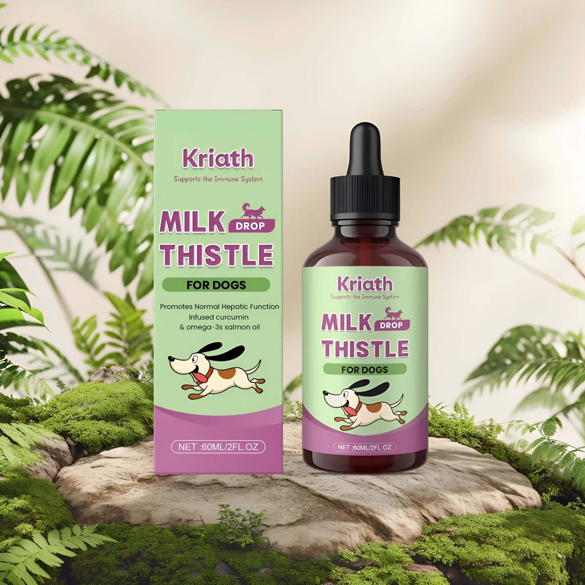 60ml bottle of dog milk thistle and turmeric extract nutrient solution for canine health.
