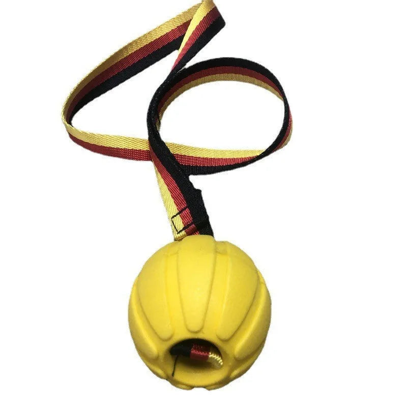Floating EVA foam dog training ball in camouflage and yellow colours showing three size options