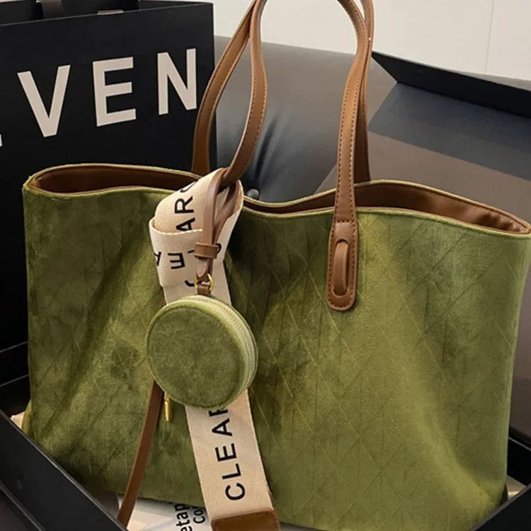 Green casual large capacity polyester tote bag with horizontal square shape showing internal zipper compartment