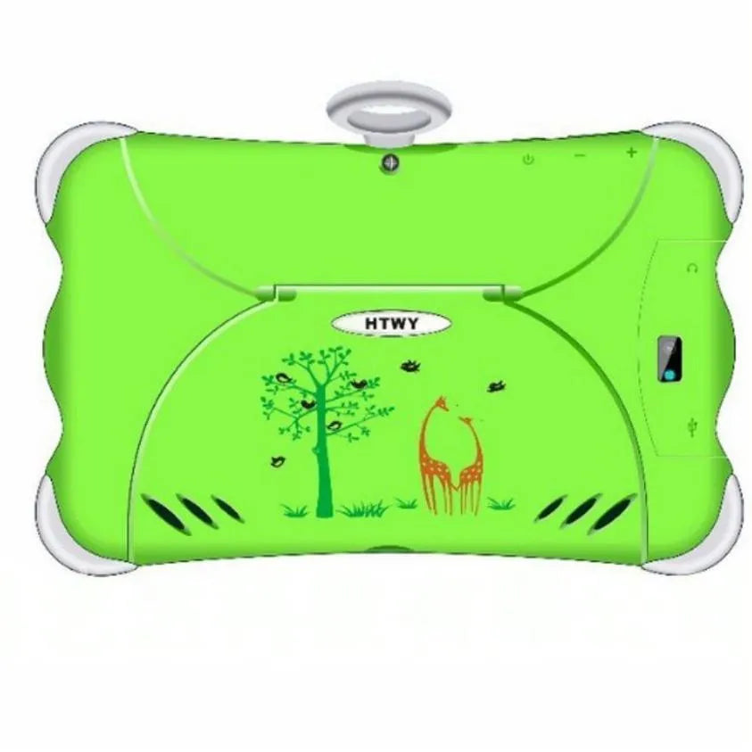 7-inch children's learning tablet in cartoon colours with a stand, showing the screen and 3G call function.