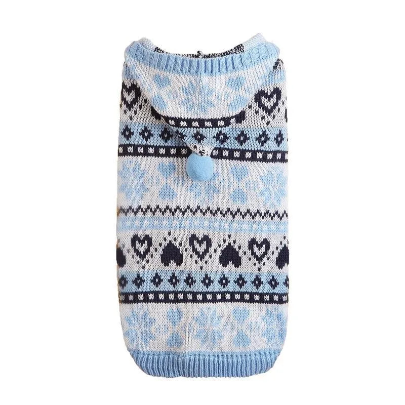 Pink blue grey camouflage patterned knitted dog sweater with snowflake design for small winter dogs