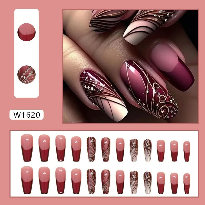 French line pattern removable fake nail stickers with 24 patches and adhesive glue