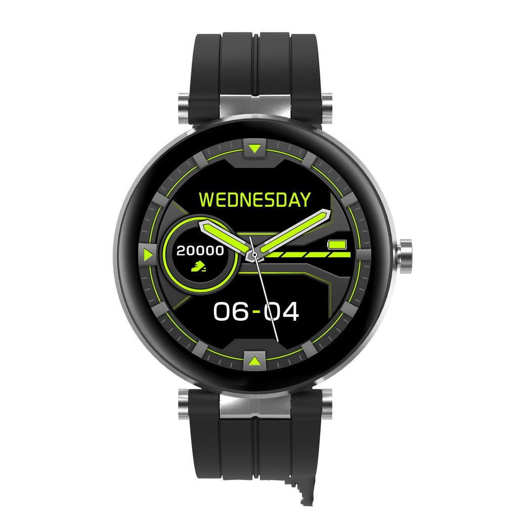 Smart watch with blood pressure monitor on a silicone wrist strap, showing a 1.3-inch display.
