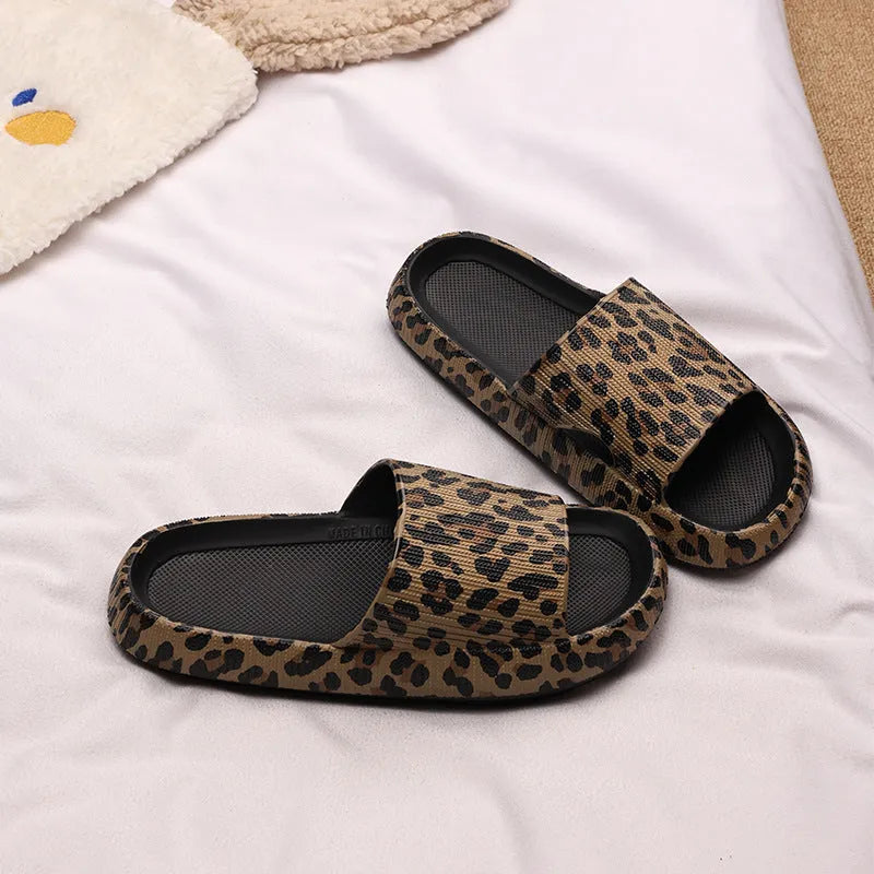 Women's leopard print slippers with thick EVA sole in multiple colour options.