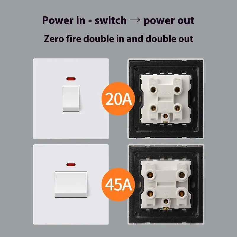 High-current double-break electrical switch with light panel indicator in gold, grey, or white finish.