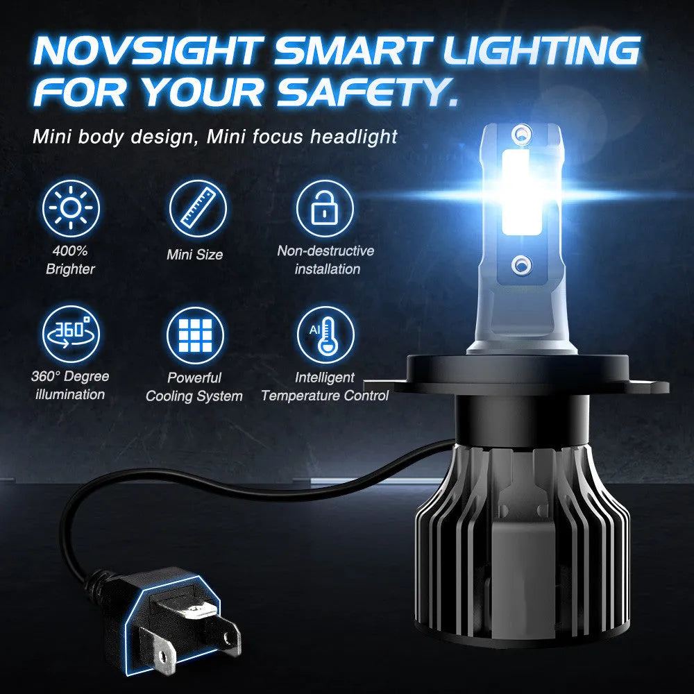 Car LED headlight bulb kit showing 6000K white light, compact design, and adjustable chuck for H7, H11, 9005 fitments.
